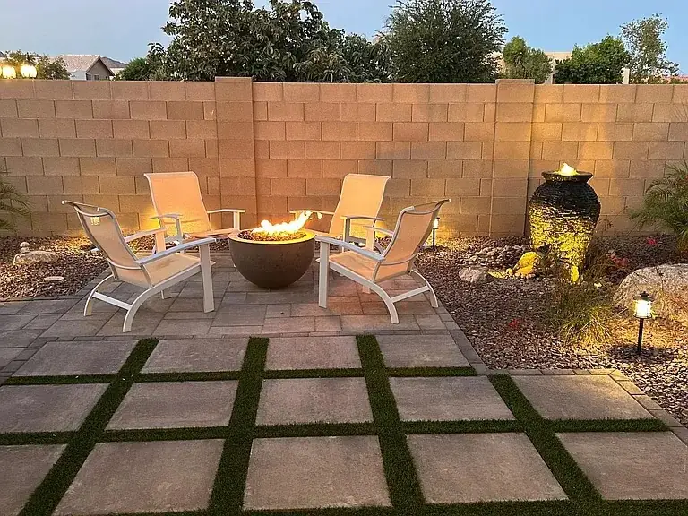 Gas fire bowl on large-format paver patio in San Tan Valley, AZ
